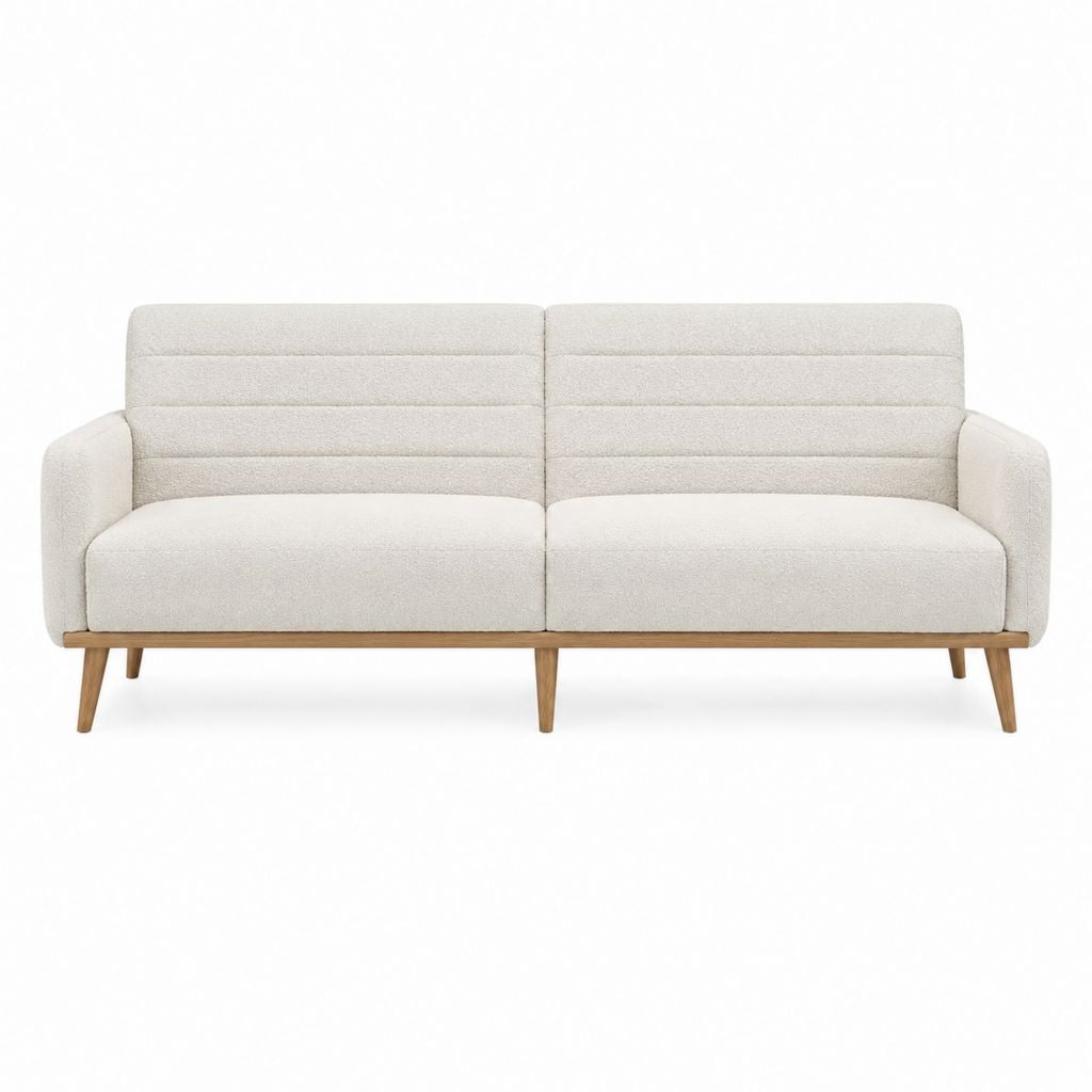 Canapé 2 places droit beige en polyester bouclé pieds en bois massif 160 x 82 x 84 cm