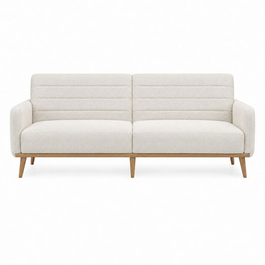 Canapé 2 places droit beige en polyester bouclé pieds en bois massif 160 x 82 x 84 cm