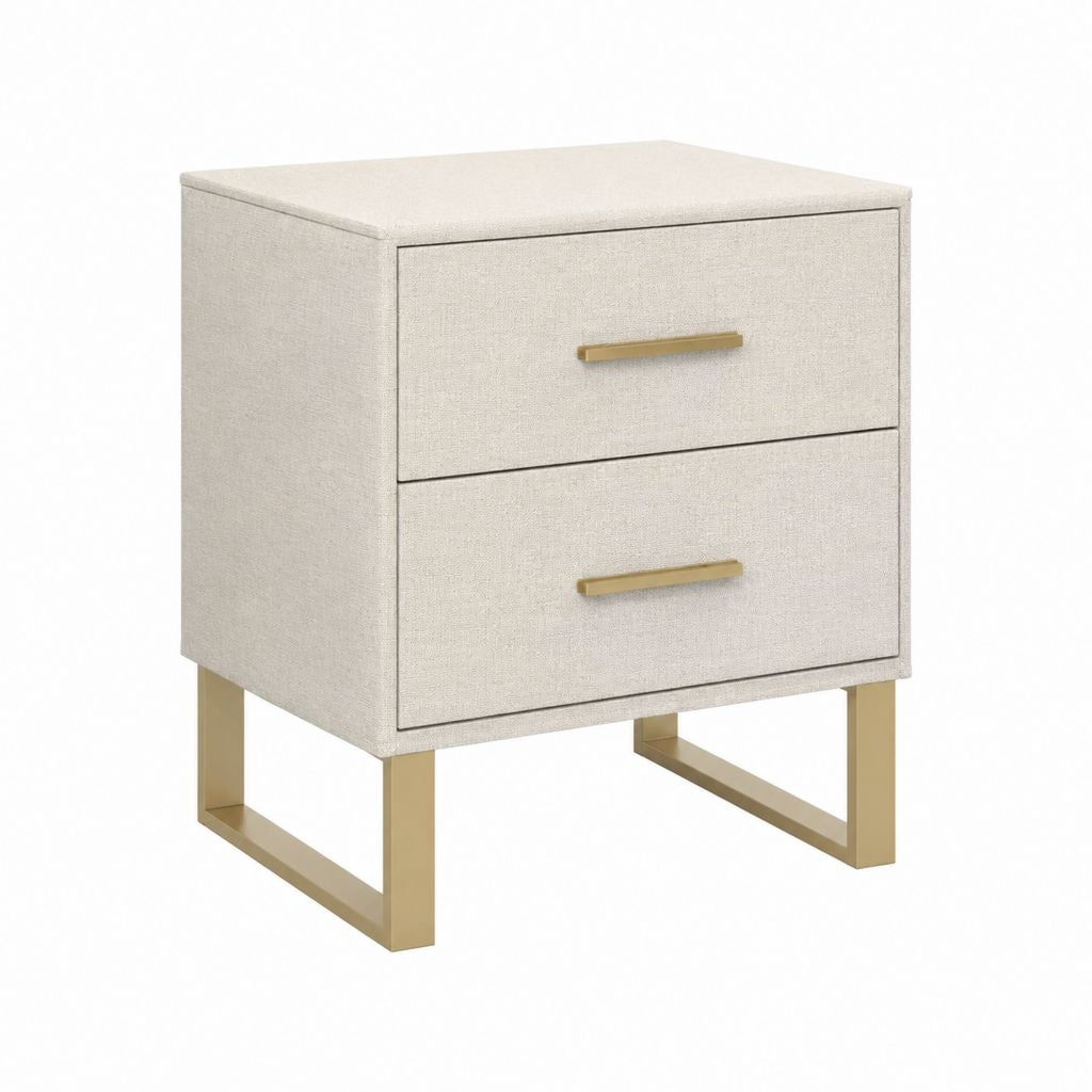 Table de chevet 2 tiroirs beige en panneaux MDF revêtus de polyester avec piètement en acier doré 50 x 40 x 55 cm