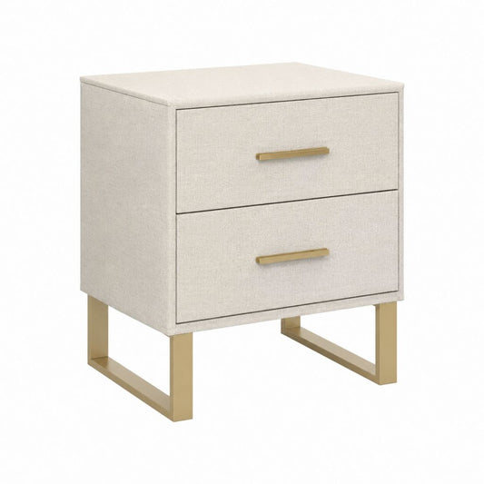 Table de chevet 2 tiroirs beige en panneaux MDF revêtus de polyester avec piètement en acier doré 50 x 40 x 55 cm