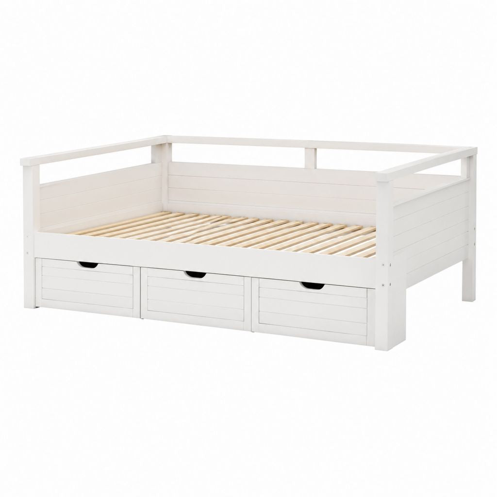 Lit banquette enfant blanc en pin massif avec 3 tiroirs 90 x 200 cm