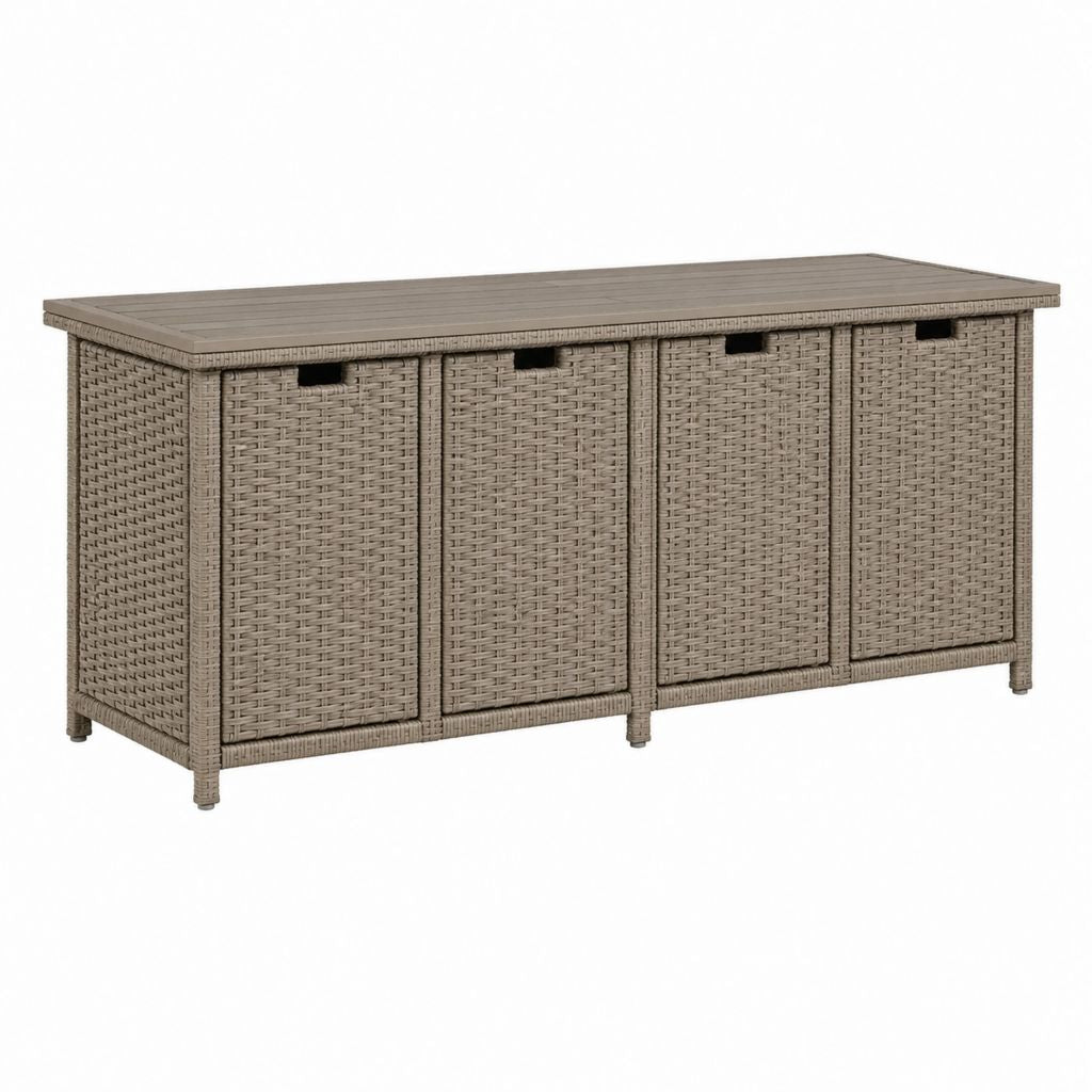 Coffre de jardin 4 portes taupe en rotin PE et aluminium 150 x 50 x 85 cm