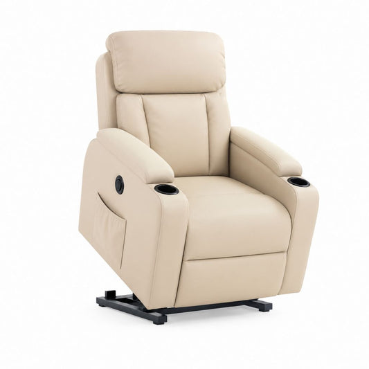 Fauteuil relax inclinable manuel droit beige en cuir synthétique PU avec porte-gobelets 90 x 95 x 103 cm