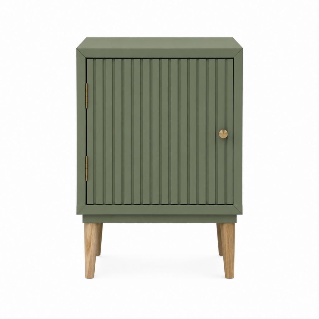Table de chevet verte en MDF et chêne massif avec porte rainurée 45 x 35 x 65 cm