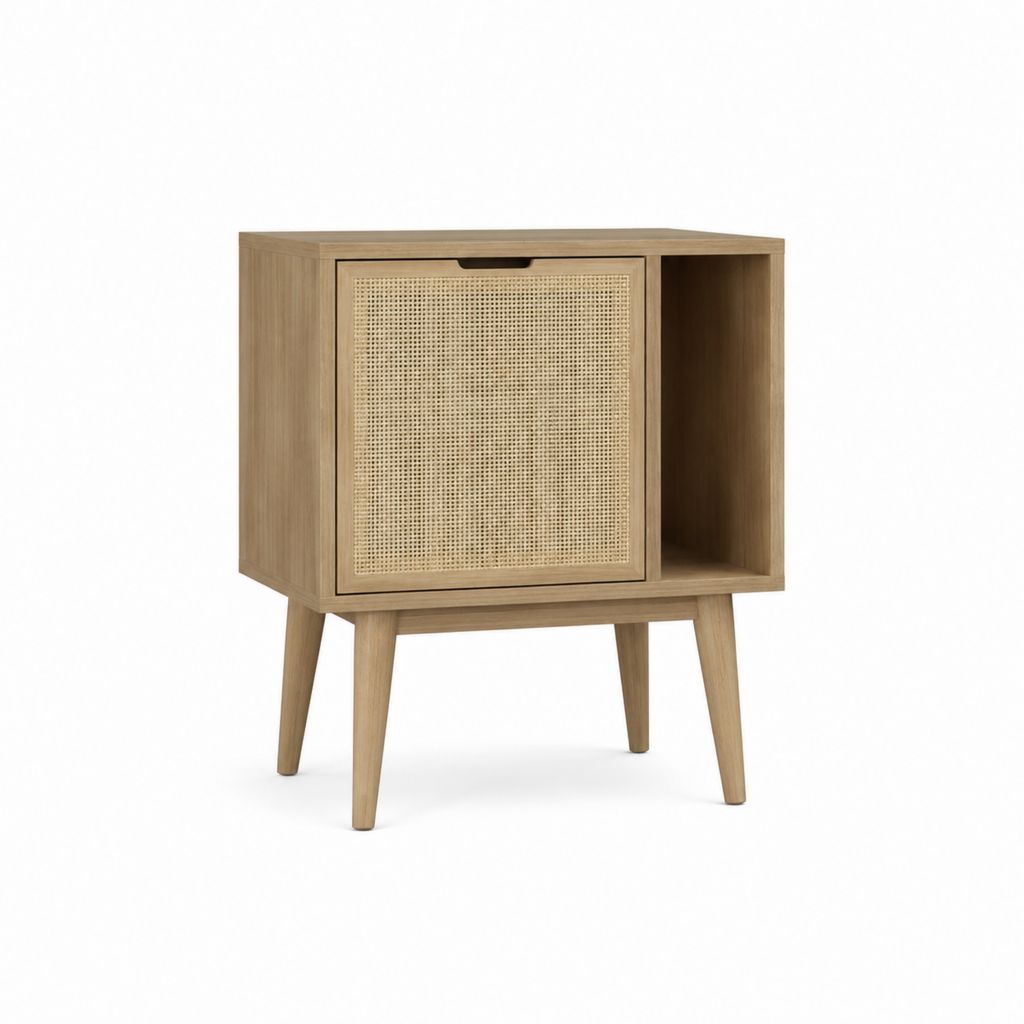 Table de chevet avec porte en rotin naturel chêne 45 x 35 x 65 cm