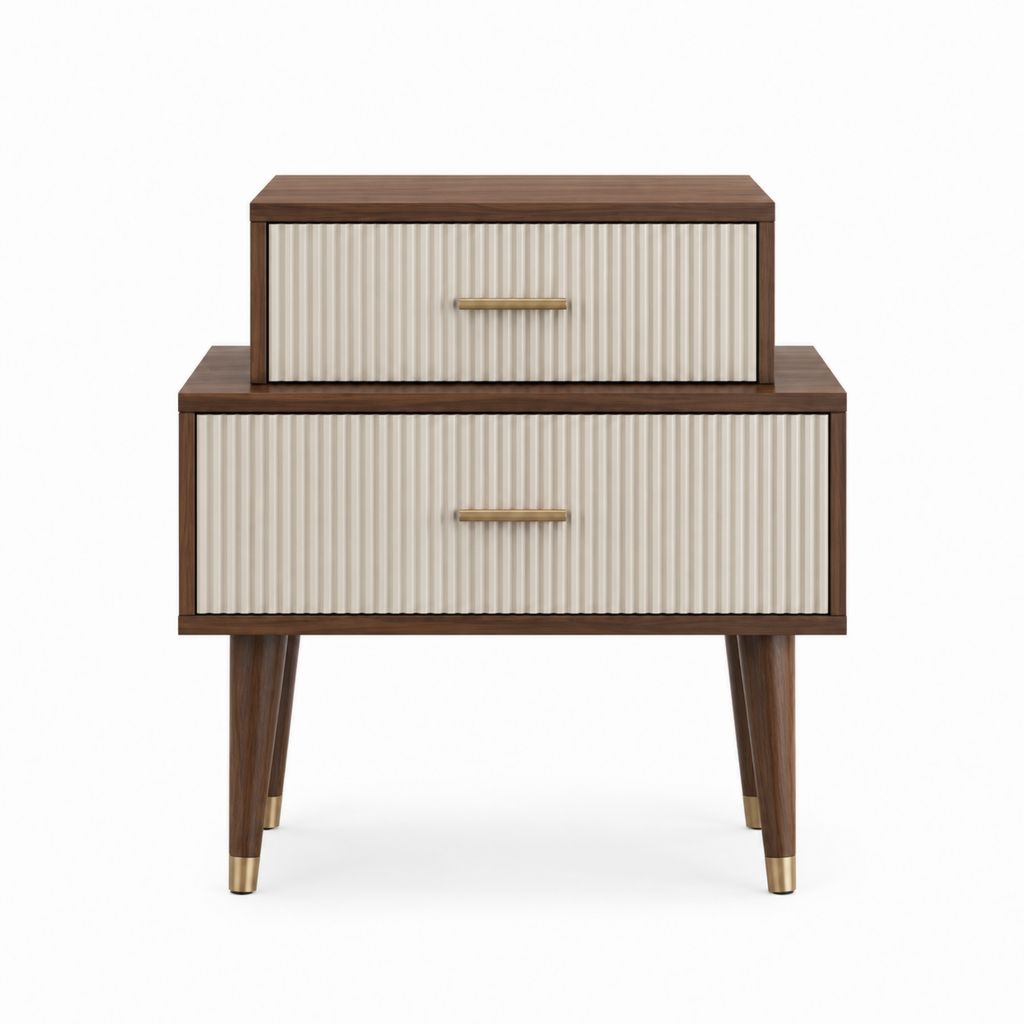 Table de chevet rectangulaire 2 tiroirs noyer et blanc en MDF 50 x 40 x 60 cm