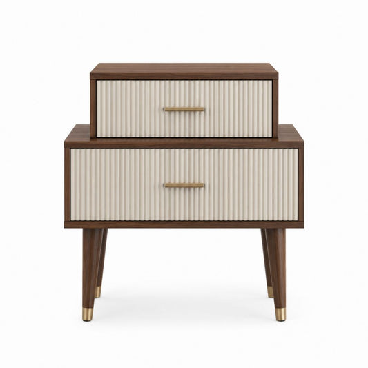 Table de chevet rectangulaire 2 tiroirs noyer et blanc en MDF 50 x 40 x 60 cm